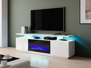 Televizní stolek s krbem a LED osvětlením SALTA - bílý / lesklý bílý / černý