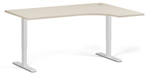 Rohový výškově nastavitelný stůl, 160x120 cm, 1 motor, L/P, bílá podnož, bříza