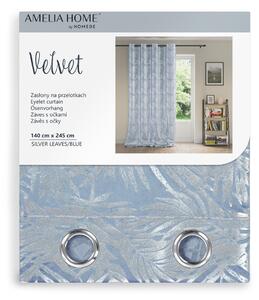 FLHF Dekorační závěs Velvet, stříbrně šedá, listy, světle modrá, 140x245