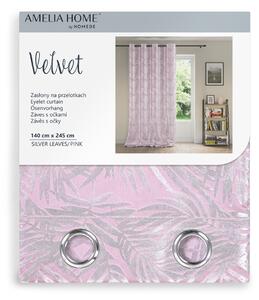 FLHF Dekorační závěs Velvet, stříbrně šedá, listy, pudrově růžová, 140x245