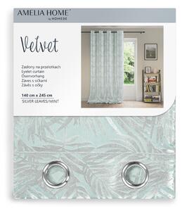 FLHF Dekorační závěs Velvet, stříbrně šedá, listy, mentolově zelená, 140x245