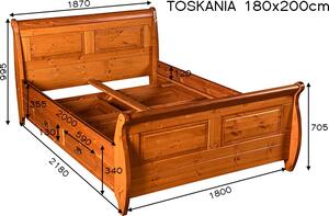 Postel Toskania 180 se šuplíky, borovice, masiv, 180 x 200 cm (odstín Medový)