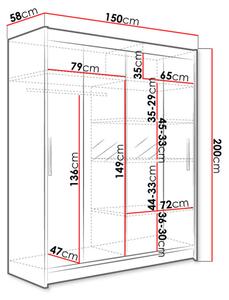Šatní skříň 150 cm se zrcadlem a LED osvětlením ELADIO 2 - bílá