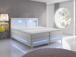 Boxpringová manželská postel s LED osvětlením 140x200 GALWAY - bílá ekokůže + topper ZDARMA