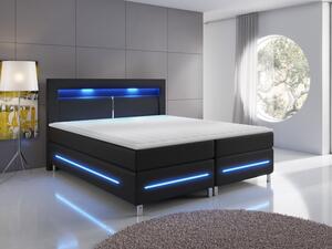 Boxpringová manželská postel s LED osvětlením 160x200 GALWAY - černá ekokůže + topper ZDARMA