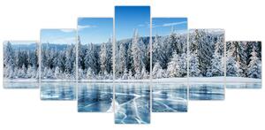 Obraz zamrzlého jezera a zasněžených stromů (210x100 cm)