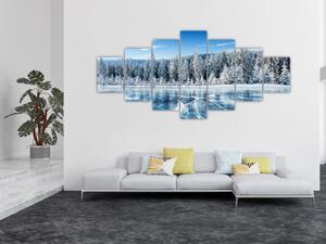 Obraz zamrzlého jezera a zasněžených stromů (210x100 cm)