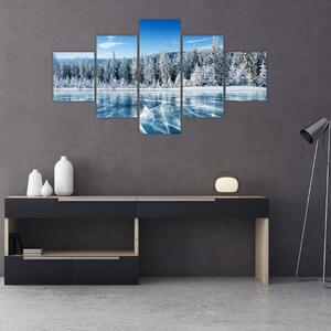 Obraz zamrzlého jezera a zasněžených stromů (125x70 cm)