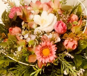 Aranžmá - mix umělých květin- barva růžová - mísa KERAMIKA na hrob, pr.30cm