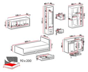 Studentský nábytek s postelí 90x200 TUCHIN 2 - bílý / lesklý bílý / šedý