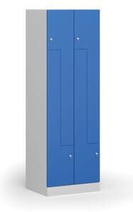 Kovová šatní skříňka Z, 4 oddíly, 1850 x 600 x 500 mm, cylindrický zámek, modré dveře