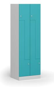 Kovová šatní skříňka Z, 4 oddíly, 1850 x 600 x 500 mm, cylindrický zámek, zelené dveře