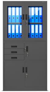 Plechová policová skříň se zásuvkami, vitrínou a trezorem pro důležité věci FILIP, 900 x 1850 x 400 mm, antracitová