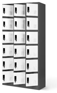Plechová šatní skříňka na soklu s 18 boxy KAROL, 900 x 1850 x 400 mm, antracitovo-bílá