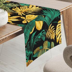 Biante Bavlněný běhoun na stůl Sandra SA-603 Zeleno-zlaté tropické listy na černém 20x120 cm