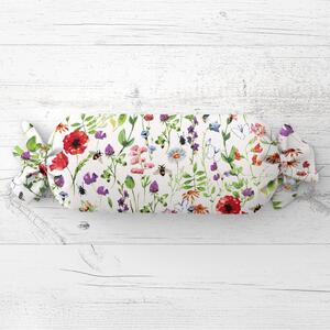 Biante Polštář válec bonbon Sandra SA-608 Červeno-fialové luční kvítí s motýlky a čmeláčky na bílém 15x40 cm