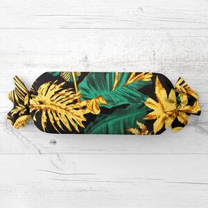 Biante Polštář válec bonbon Sandra SA-603 Zeleno-zlaté tropické listy na černém 15x40 cm