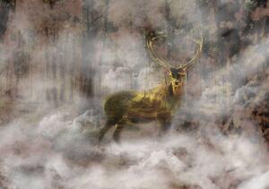 Fototapeta - Zlatý jelen v mlhavém lese (152,5x104 cm)