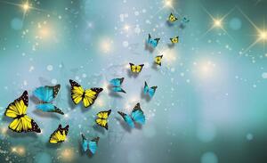 Fototapeta - Žlutí a modří motýli (254x184 cm)