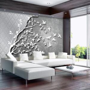 Fototapeta - Stříbrný strom s ptáčky (152,5x104 cm)