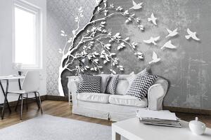 Fototapeta - Stříbrný strom s ptáčky (254x184 cm)