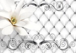 Fototapeta - Stříbrný prošívaný vzor a květ (254x184 cm)
