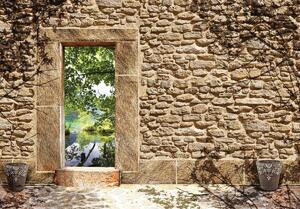 Fototapeta - Kamenná zeď - vstup k rybníku (152,5x104 cm)