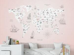 FUGU Dětská Mapa světa Dobrodružné objevy pink - tapeta na zeď Materiál: Digitální eko vlies - klasická tapeta nesamolepicí