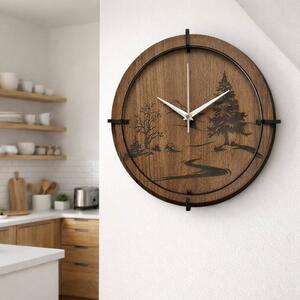 Dřevěné nástěnné hodiny s motivem lesa - moderní design | SENTOP HDF0588-ORECH-WENGE