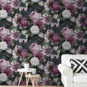 Papírové tapety na zeď IMPOL B15716, rozměr 10,05 m x 0,53 m, fialovo-růžové květy na šedém podkladu, IMPOL TRADE