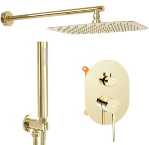 Sprchový set podomítkový Rea Oval s instalačním boxem zlatý - podomítková vanová baterie, dešťová a ruční sprcha