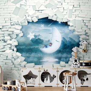 Fototapeta - Cihlová zeď a chlapec na měsíci (254x184 cm)