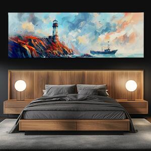 Obraz na plátně - Starý maják a rybářský člun FeelHappy.cz Velikost obrazu: 240 x 80 cm