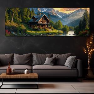 Obraz na plátně - V roubené chatce u horské říčky FeelHappy.cz Velikost obrazu: 120 x 40 cm