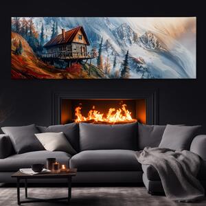 Obraz na plátně - Horská chata v chladném ránu FeelHappy.cz Velikost obrazu: 240 x 80 cm