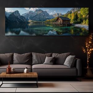 Obraz na plátně - Průzračné jezero s dřevěnou chatkou FeelHappy.cz Velikost obrazu: 120 x 40 cm