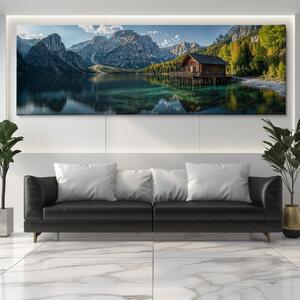 Obraz na plátně - Průzračné jezero s dřevěnou chatkou FeelHappy.cz Velikost obrazu: 90 x 30 cm