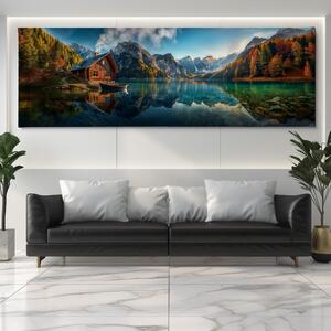 Obraz na plátně - Podzim u jezera ve vyhřáté chatce FeelHappy.cz Velikost obrazu: 120 x 40 cm