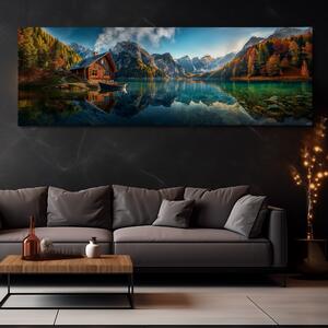 Obraz na plátně - Podzim u jezera ve vyhřáté chatce FeelHappy.cz Velikost obrazu: 120 x 40 cm