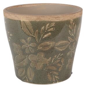 Béžový keramický květináč s květy v šedozelené glazuře Gedeuk M – 12x11 cm