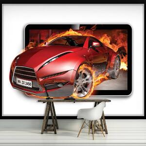 Fototapeta - Červené auto v ohni (254x184 cm)