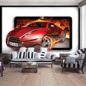 Fototapeta - Červené auto v ohni (152,5x104 cm)