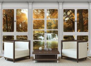 Fototapeta - Podzimní vodopád - okno (152,5x104 cm)