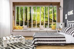 Fototapeta - Slunečný výhed do lesa - okno (152,5x104 cm)