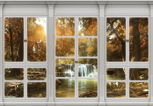 Fototapeta - Podzimní vodopád - okno (152,5x104 cm)