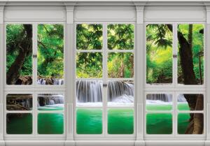 Fototapeta - Pohled z okna na vodopád (152,5x104 cm)