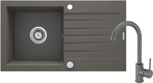 DEANTE - Zorba antracit metalic - Granitový dřez včetně baterie, 1 - bowl s odkapávačem ZQZVT113