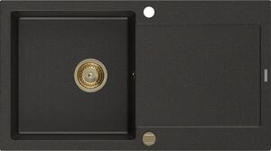 MEXEN/S - Leo granitový dřez 1 s odkapávačem 900x500 mm, černá/zlatá metalik,+ zlatý sifon 6501901010-75-G