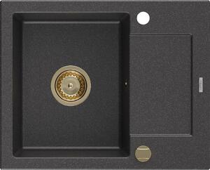 MEXEN/S - Enzo granitový dřez 1 s odkapávačem 576x465 mm, černá kropenatá,+ zlatý sifon 6506571005-76-G