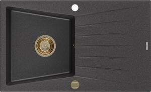 MEXEN/S - Cesar granitový dřez 1 s odkapávačem 775x470 mm, černá kropenatá,+ zlatý sifon 6514771010-76-G
